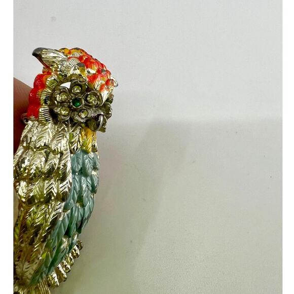 Vintage 1970's Enamel Green Rhinestone Owl Eyes Brooch Pin - Picture 3 of 4
